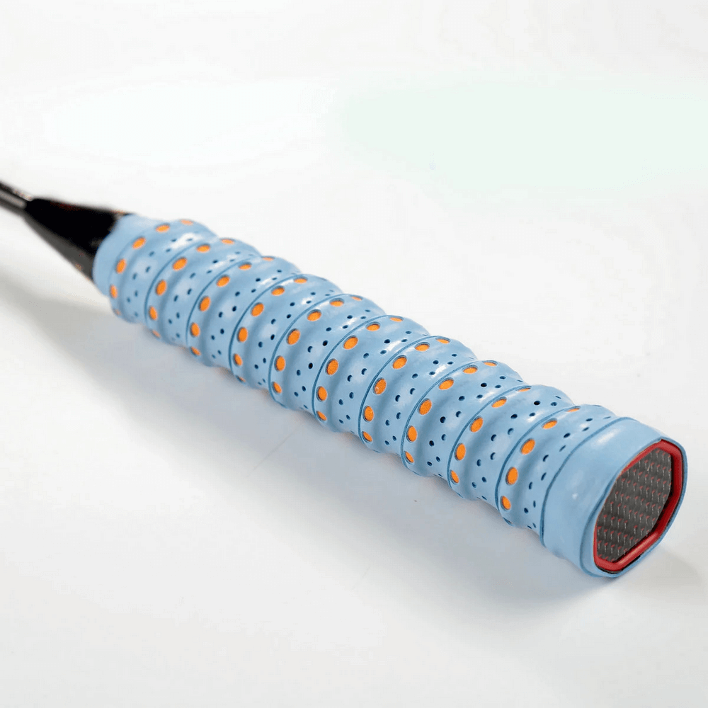 Perforated Anti-Slip Tennis Racket Overgrip Tape - SF3437, blue and orange design, enhances grip and sweat absorption.